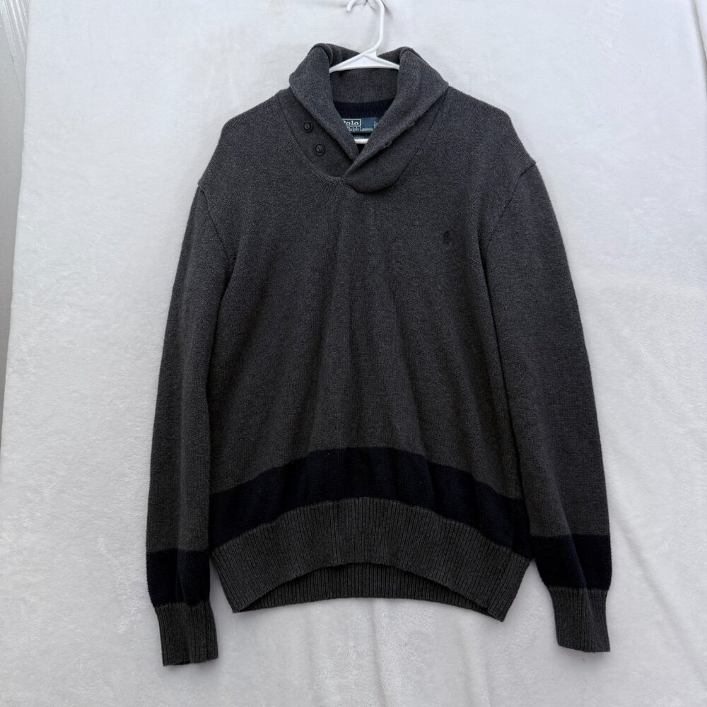 Polo Ralph Lauren Sweater Mens XL Gray Stripe Shawl Neck Knit Pony Pullover